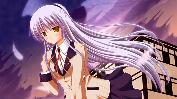 Anime picture 1920x1080 with angel beats! key (studio) tachibana kanade single long hair looking at viewer blush highres wide image brown eyes silver hair night sky angel wings girl uniform school uniform feather (feathers)