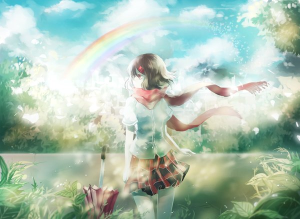Anime picture 1300x950 with kagerou project shaft (studio) tateyama ayano domik single fringe red eyes brown hair standing looking away sky cloud (clouds) profile closed umbrella girl skirt hair ornament plant (plants) shirt tree (trees)