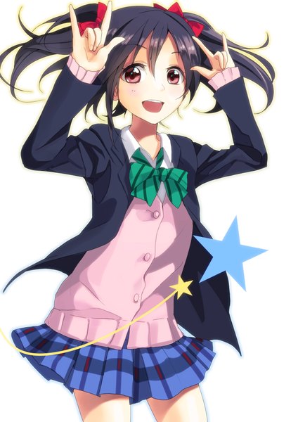 Anime picture 2894x4093 with love live! school idol project sunrise (studio) love live! yazawa nico tsukun112 single long hair tall image looking at viewer highres open mouth black hair simple background red eyes white background twintails plaid skirt victory mmm girl