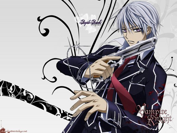 Anime picture 1024x768 with vampire knight studio deen kiryuu zero single purple eyes white hair boy necktie gun chain