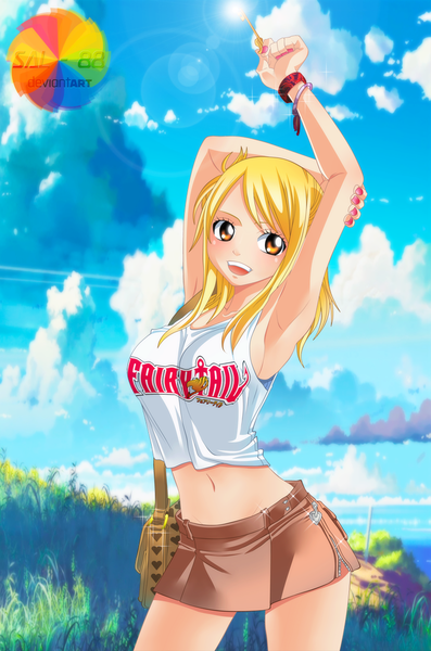 Anime picture 750x1132 with fairy tail lucy heartfilia sal-88 single long hair tall image open mouth blonde hair smile sky cloud (clouds) nail polish sunlight bare belly armpit (armpits) midriff orange eyes coloring girl navel