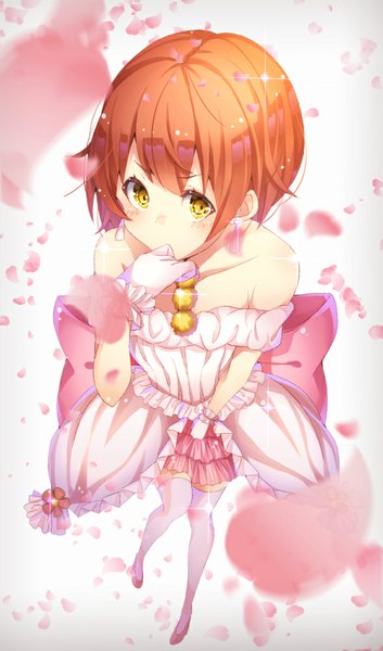 Anime picture 589x1000 with love live! school idol project sunrise (studio) love live! hoshizora rin nuira single tall image blush short hair simple background white background bare shoulders yellow eyes looking away from above orange hair girl thighhighs dress petals