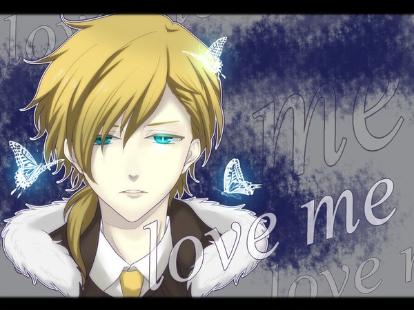 Anime picture 2000x1500 with vocaloid kagamine len moco 315 single long hair highres blonde hair aqua eyes inscription grey background face framed boy shirt necktie fur insect butterfly