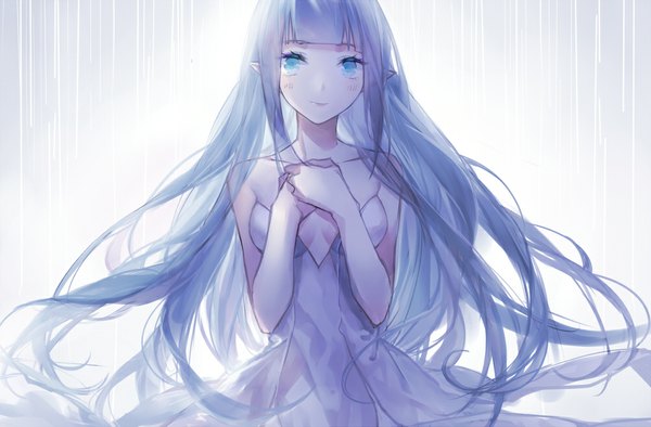 Anime picture 1000x658 with original imi fumei single long hair looking at viewer blush fringe breasts blue eyes smile light smile pointy ears aqua hair girl dress sundress