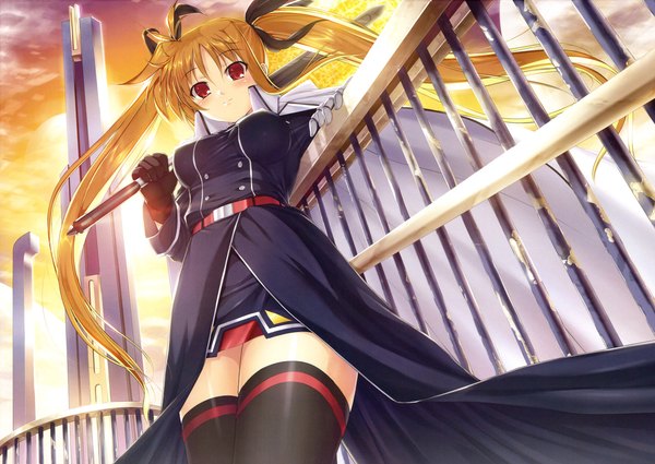 Anime picture 2243x1590 with mahou shoujo lyrical nanoha fate testarossa mikuni mizuki single long hair looking at viewer blush highres blonde hair smile twintails sky cloud (clouds) evening sunset girl thighhighs gloves hair ornament ribbon (ribbons)