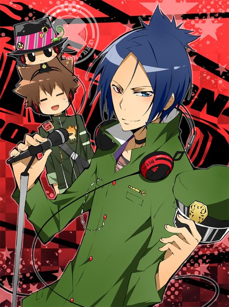 Anime picture 800x1068 with katekyou hitman reborn sawada tsunayoshi rokudo mukuro reborn leon (khr) danemaru tall image looking at viewer blush short hair open mouth black hair smile brown hair sitting blue hair eyes closed black eyes multiple boys heterochromia