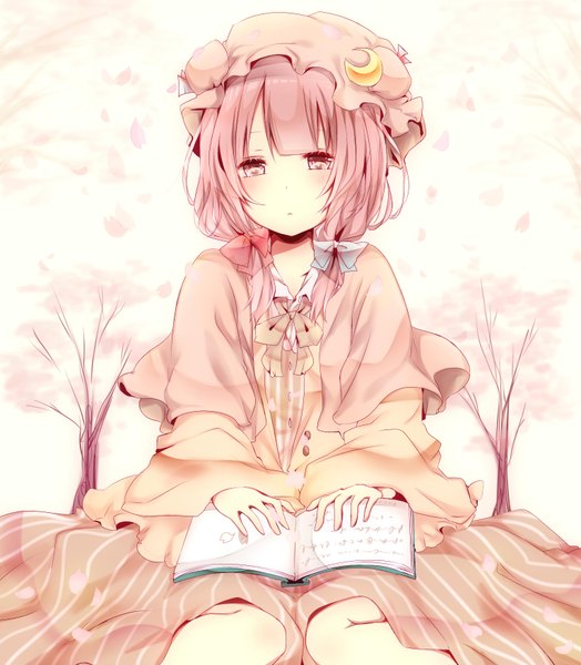 Anime picture 1530x1750 with touhou patchouli knowledge misa (kaeruhitode) single long hair tall image looking at viewer blush sitting pink hair pink eyes girl bow plant (plants) hair bow petals tree (trees) headdress book (books)
