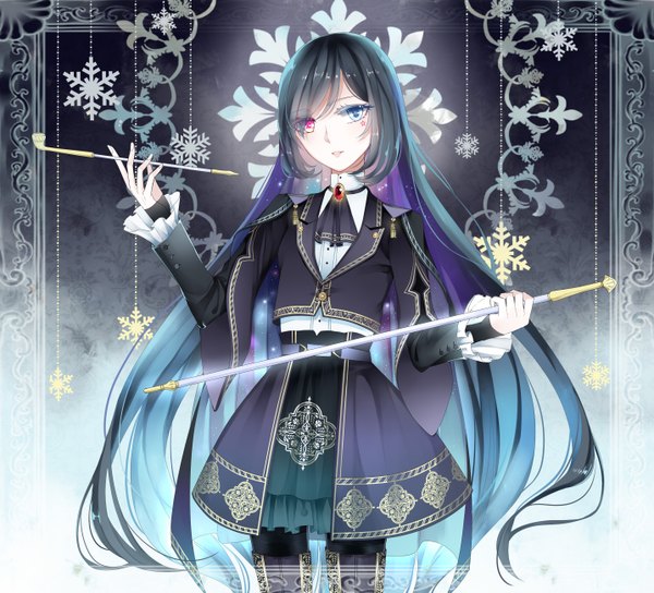 Anime picture 2868x2602 with original stari single looking at viewer highres blue hair very long hair heterochromia girl dress snowflake (snowflakes) pipe kiseru