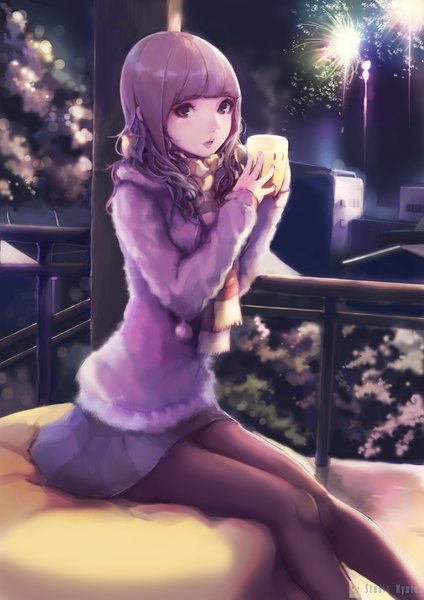 Anime picture 1240x1754 with original chaang single long hair tall image looking at viewer fringe brown hair sitting holding brown eyes blunt bangs parted lips pleated skirt night night sky fur trim lipstick lens flare wavy hair