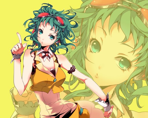 Anime picture 1280x1024 with vocaloid gumi manyako (mohumohu) single bare shoulders aqua eyes aqua hair yellow background zoom layer girl glasses headphones