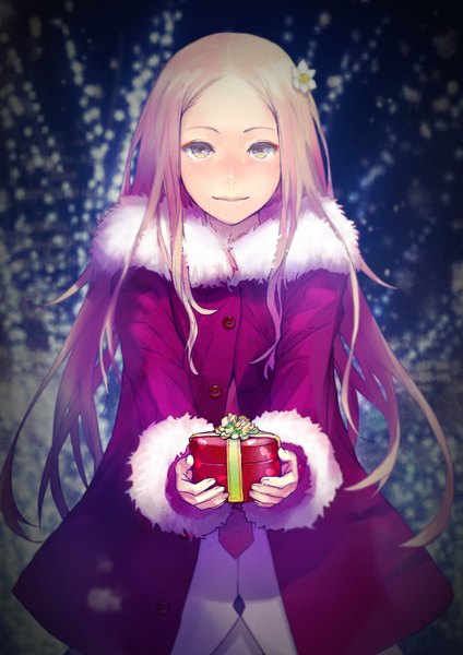 Anime picture 1280x1810 with guilty crown production i.g ouma mana redjuice long hair tall image blonde hair yellow eyes pink hair hair flower light smile embarrassed girl hair ornament flower (flowers) necktie coat gift christmas present