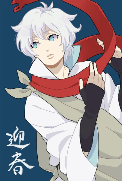 Anime picture 600x888 with naruto studio pierrot naruto (series) ootsutsuki toneri kamoi hayato single tall image fringe short hair blue eyes simple background hair between eyes looking away white hair traditional clothes japanese clothes turning head boy gloves kimono