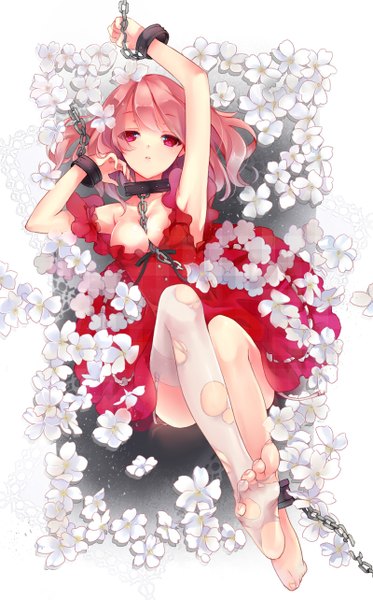 Anime picture 800x1284 with inu x boku ss david production roromiya karuta 041 single long hair tall image looking at viewer light erotic red eyes pink hair bent knee (knees) barefoot from above armpit (armpits) on back legs leg lift (legs lift) girl thighhighs