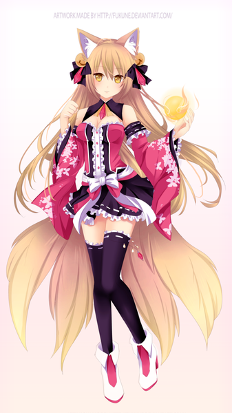 Anime picture 600x1066 with original fukune single long hair tall image blush simple background blonde hair white background animal ears yellow eyes tail animal tail light smile magic multiple tails hair bell girl thighhighs dress