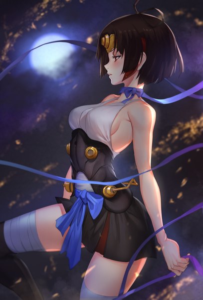 Anime picture 678x1000 with koutetsujou no kabaneri wit studio mumei (kabaneri) raijuu (bakanara) single tall image blush short hair breasts light erotic black hair red eyes bare shoulders looking away girl hair ornament ribbon (ribbons) bandage (bandages)