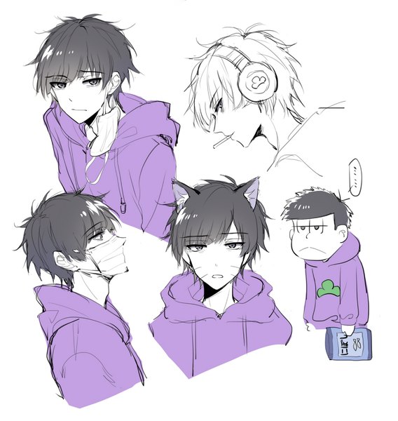 Anime picture 900x950 with osomatsu-san matsuno ichimatsu kurasaki ken tall image black hair simple background white background profile black eyes kemonomimi mode sketch multiple persona boy headphones hood hoodie speech bubble surgical mask