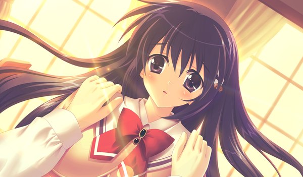 Anime picture 1024x600 with houkago kitchen long hair black hair wide image game cg black eyes girl uniform bow school uniform