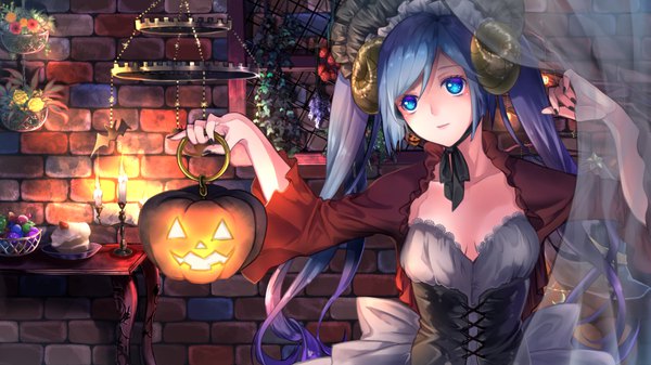 Anime-Bild 1156x650 mit vocaloid hatsune miku kyashii (a3yu9mi) single long hair fringe blue eyes wide image twintails holding blue hair indoors nail polish head tilt horn (horns) fingernails wide sleeves alternate costume girl flower (flowers)