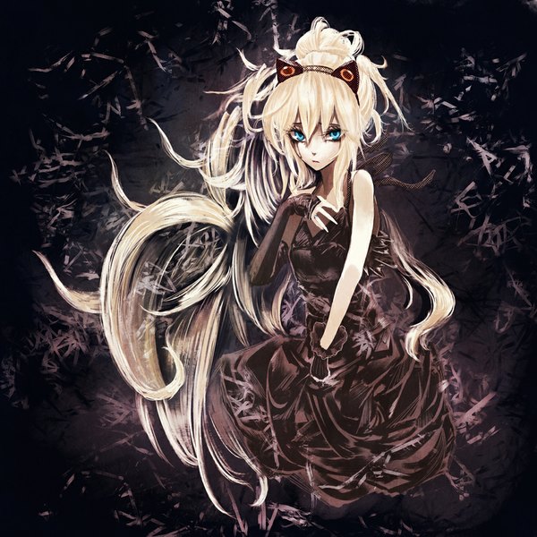 Anime picture 1000x1000 with vocaloid seeu single long hair looking at viewer blue eyes blonde hair bare shoulders animal ears ponytail fake animal ears dark background girl dress