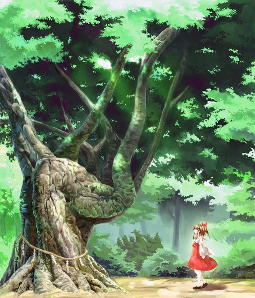 Anime picture 1500x1751 with touhou hakurei reimu kinoto (ruindivinity) long hair tall image brown hair brown eyes nature girl dress skirt bow plant (plants) hair bow detached sleeves tree (trees) skirt set