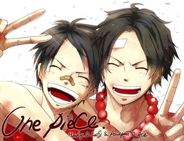 Anime picture 1600x1228 with one piece toei animation monkey d. luffy portgas d. ace sss3 short hair open mouth black hair white background eyes closed victory happy bandaid on face bandaid on nose boy necklace bandaid