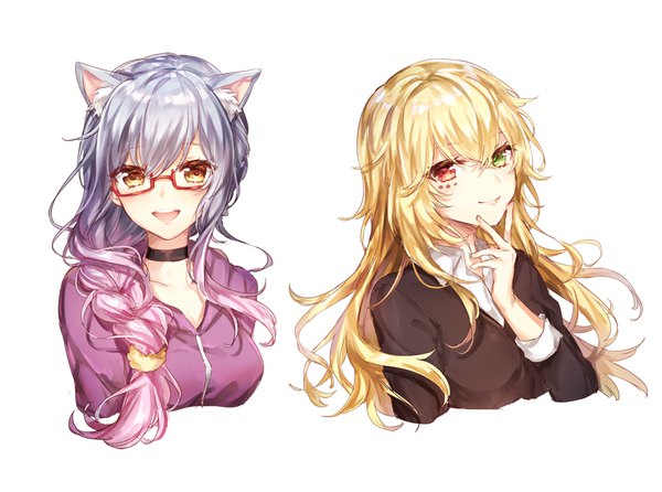 Anime picture 870x647 with original yuli (yulipo) long hair looking at viewer fringe open mouth simple background blonde hair smile hair between eyes red eyes white background multiple girls green eyes animal ears yellow eyes pink hair silver hair upper body braid (braids)