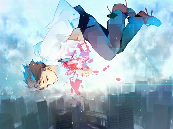 Anime picture 1024x768 with matsunaka hiro single short hair red eyes sky multicolored hair cityscape falling boy shirt