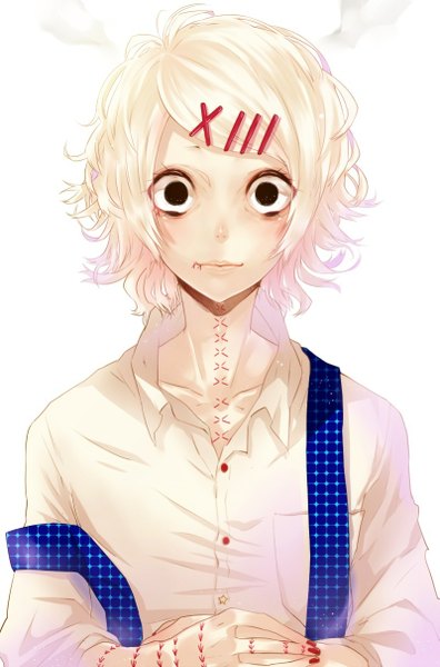 Anime picture 799x1208 with tokyo ghoul studio pierrot suzuya juuzou nipponia nippon single tall image looking at viewer short hair simple background white background white hair nail polish black eyes open collar red nail polish androgynous boy hair ornament shirt white shirt