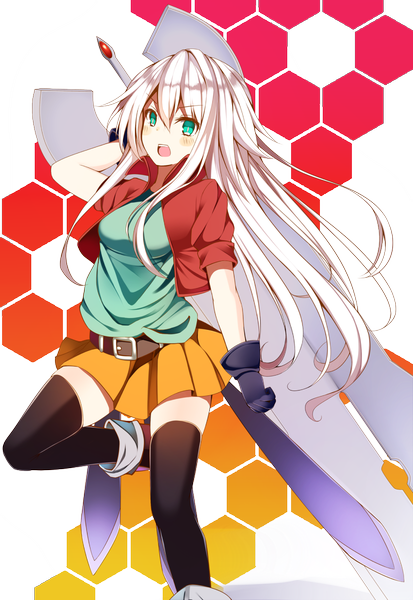 Anime picture 826x1200 with original anceril sacred fumatake single long hair tall image blush open mouth white hair aqua eyes transparent background borrowed character girl thighhighs skirt gloves weapon black thighhighs belt huge weapon