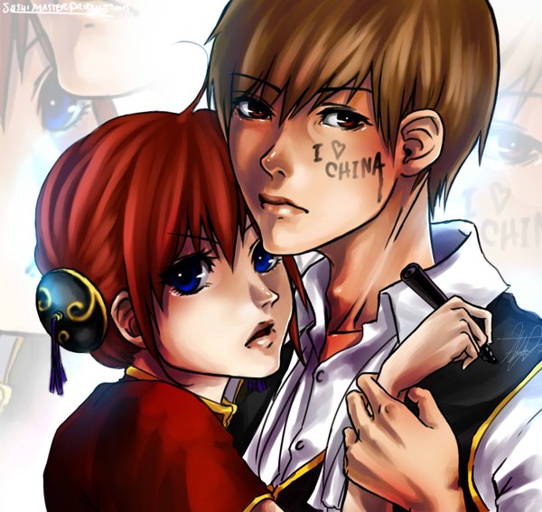 Anime picture 1586x1500 with gintama sunrise (studio) kagura (gintama) okita sougo sushi-master901 looking at viewer short hair blue eyes red eyes brown hair red hair lips couple holding hands writing girl boy pen