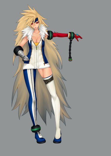 Anime picture 2100x2940 with dungeon and fighter caooll (co-ohol) single tall image looking at viewer highres simple background blonde hair red eyes very long hair grey background hand on hip girl thighhighs single thighhigh clothes