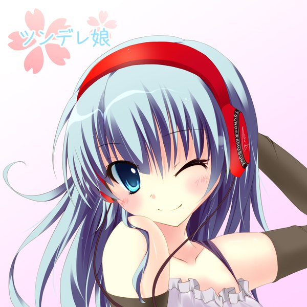 Anime picture 1500x1500 with original hisagiyuu single long hair looking at viewer blue eyes smile bare shoulders blue hair one eye closed wink girl gloves elbow gloves headphones