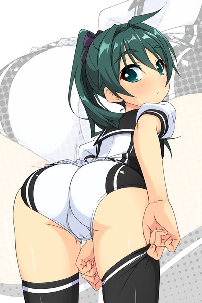 Anime picture 1200x1800 with vividred operation saegusa wakaba k10k single long hair tall image light erotic green eyes ass ponytail looking back green hair girl thighhighs black thighhighs shorts white shorts