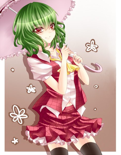 Anime picture 1200x1532 with touhou kazami yuuka ikeda hazuki single tall image short hair smile red eyes green hair girl thighhighs skirt black thighhighs umbrella skirt set