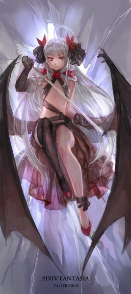 Anime picture 1000x2247 with original pixiv fantasia pixiv fantasia fallen kings kzcjimmy single long hair tall image looking at viewer fringe red eyes ahoge grey hair inscription flat chest demon wings girl thighhighs gloves hair ornament flower (flowers)