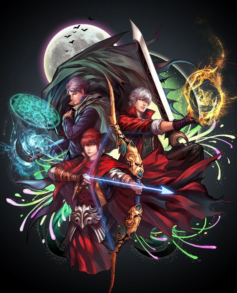 Anime picture 1500x1855 with devil may cry tagme (copyright) tagme (character) dante (devil may cry) shitsu soku k long hair tall image short hair blue eyes simple background smile red eyes silver hair purple hair red hair realistic multiple boys magic boy gloves