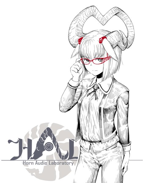 Anime picture 1000x1280 with original jaco single tall image looking at viewer fringe short hair simple background white background white hair horn (horns) inscription text monochrome english adjusting glasses spot color girl glasses belt