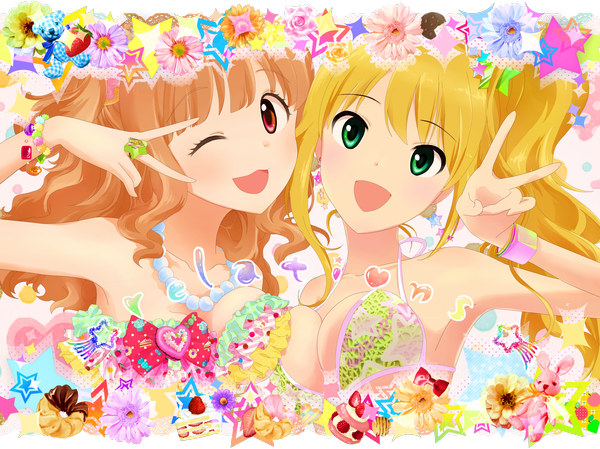 Anime picture 2362x1771 with idolmaster idolmaster cinderella girls hoshii miki moroboshi kirari yoshiyoshi (yuyu0805p) long hair blush highres open mouth light erotic blonde hair smile red eyes brown hair bare shoulders multiple girls green eyes one eye closed wink armpit (armpits)