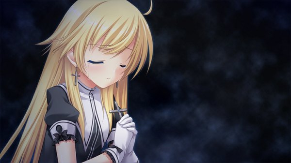 Anime picture 1024x576 with shion no ketsuzoku (game) long hair blonde hair wide image game cg eyes closed tears girl cross