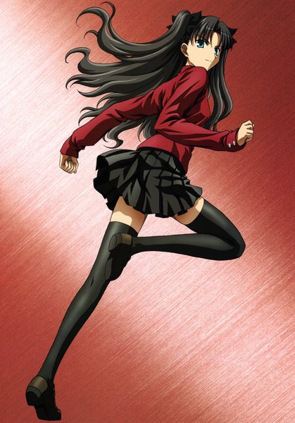 Anime picture 1748x2500 with fate (series) fate/stay night studio deen type-moon toosaka rin single long hair tall image highres blue eyes black hair twintails girl thighhighs black thighhighs miniskirt sweater