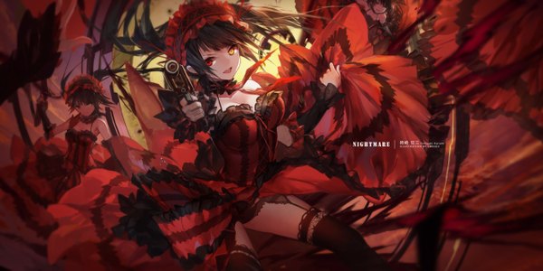 Anime picture 2660x1330 with date a live tokisaki kurumi swd3e2 long hair looking at viewer fringe highres breasts open mouth light erotic black hair smile red eyes wide image bare shoulders holding signed yellow eyes payot cleavage