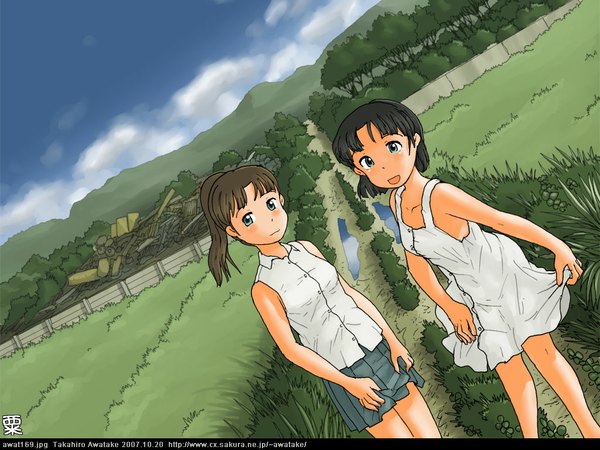 Anime picture 1024x768 with awatake takahiro sky ponytail field dress