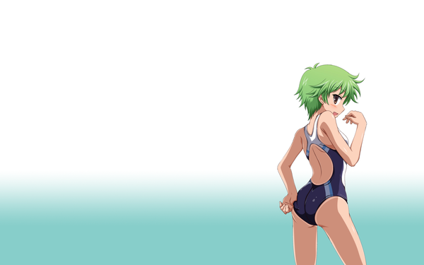 Anime picture 2560x1600 with baka to test to shoukanjuu silver link kudou aiko shira-nyoro single highres short hair light erotic wide image brown eyes looking back green hair girl swimsuit one-piece swimsuit school swimsuit