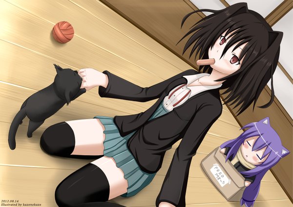 Anime picture 1697x1200 with koi to senkyo to chocolate acchi kocchi morishita michiru miniwa tsumiki kazenokaze single blush short hair black hair sitting brown eyes animal ears purple hair girl thighhighs skirt uniform black thighhighs school uniform cat