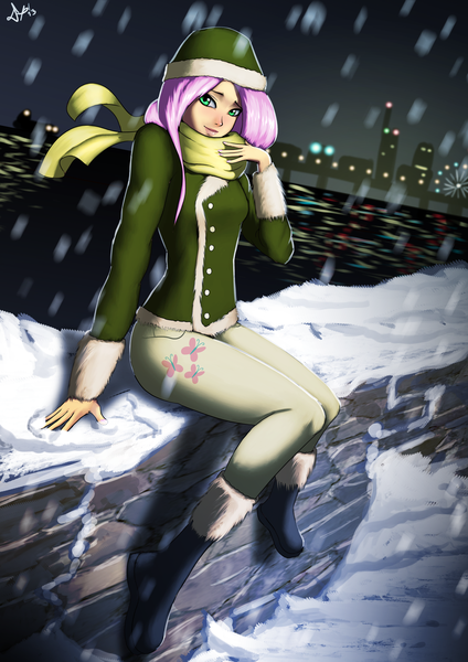 Anime picture 3508x4961 with my little pony fluttershy deilan12 (artist) single long hair tall image highres sitting pink hair absurdres light smile lips snowing winter snow personification girl boots scarf cap