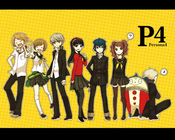 Anime picture 1280x1024 with persona 4 persona kujikawa rise satonaka chie shirogane naoto seta souji kuma (persona 4) buzz yellow background