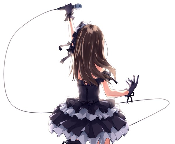 Anime picture 1813x1500 with idolmaster idolmaster cinderella girls shibuya rin sei2makoto single long hair highres simple background brown hair white background back black gothic dress (idolmaster) girl dress gloves hair ornament microphone