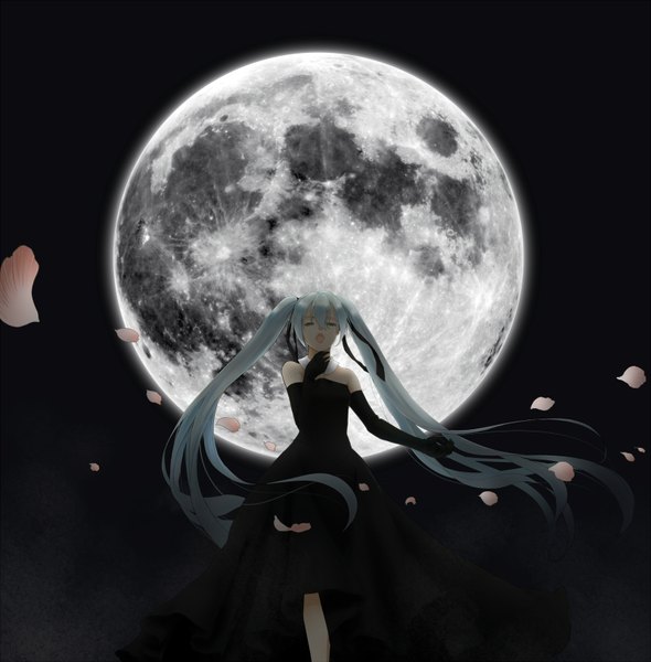 Anime picture 1600x1628 with vocaloid hatsune miku lucia lawliet single long hair tall image fringe open mouth twintails bare shoulders aqua hair night alternate costume singing girl dress gloves petals elbow gloves black dress