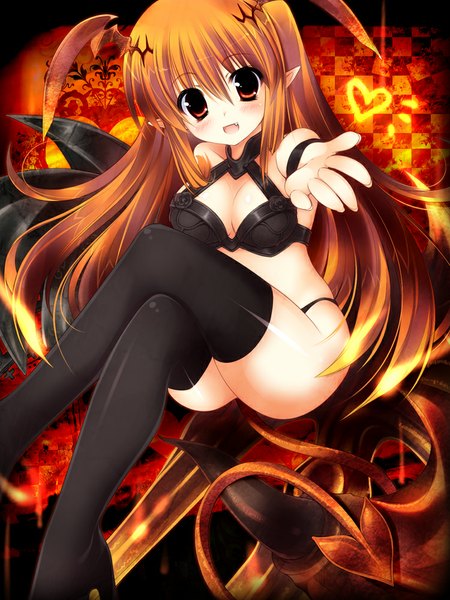 Anime picture 750x1000 with lord of vermilion succubus (lord of vermilion) ojitcha single long hair tall image looking at viewer blush open mouth light erotic red eyes brown hair tail pointy ears head wings girl thighhighs underwear panties black thighhighs