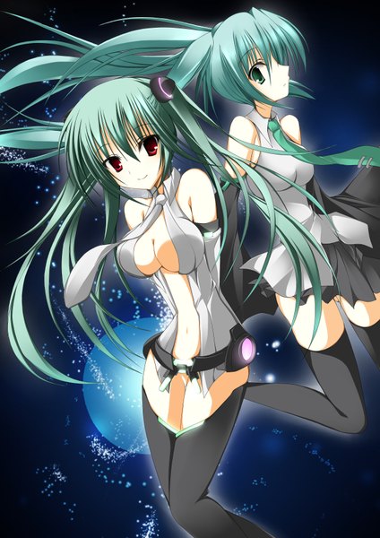 Anime picture 2480x3507 with vocaloid hatsune miku nanahosi seiiki (artist) long hair tall image highres breasts light erotic smile red eyes large breasts twintails bare shoulders multiple girls green eyes cleavage profile green hair dual persona girl